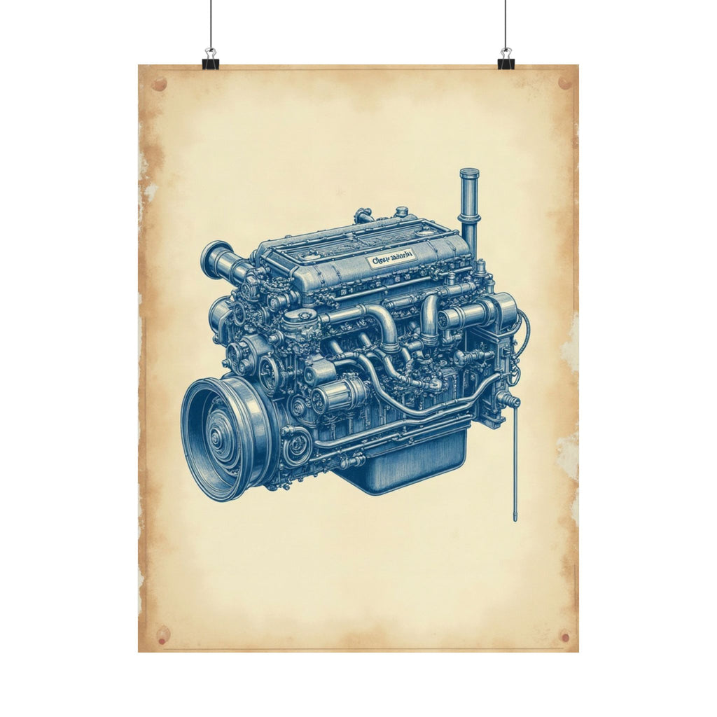 Diesel Engine Blueprint Poster | Mechanic Garage Wall Art