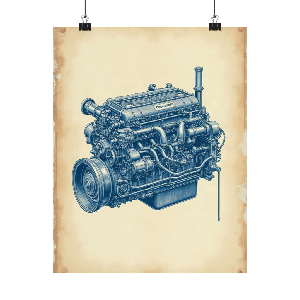 Diesel Engine Blueprint Poster | Mechanic Garage Wall Art