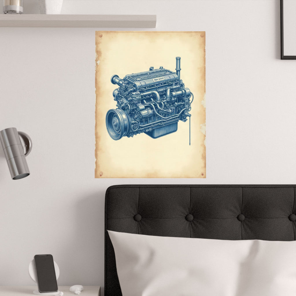 Diesel Engine Blueprint Poster | Mechanic Garage Wall Art